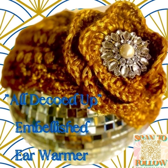 𝅺GOLDEN CROCHETED EAR WARMER WITH FLOWER AND BROOCH EMBELLISHMENTS - Picture 1 of 3